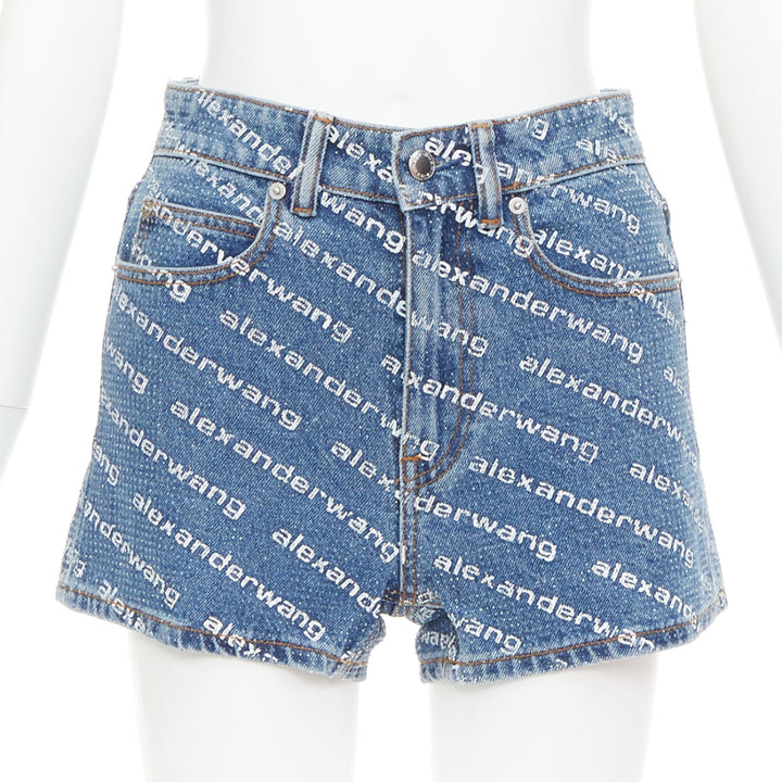 ALEXANDER WANG Bite blue denim crystal rhinestone hotfix logo mini shorts 25"