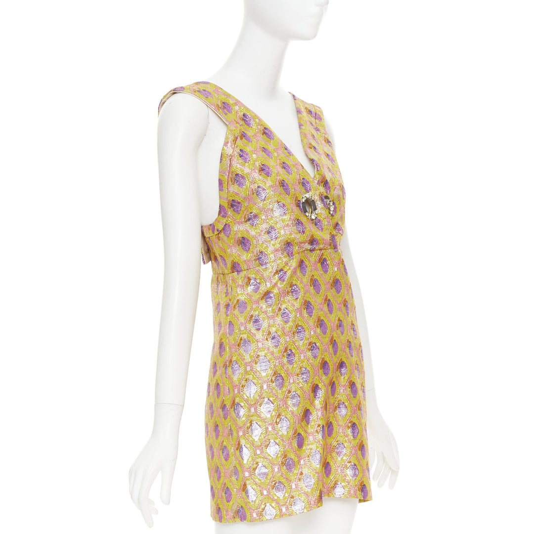 MIU MIU 2009 yellow purple silk wool abstract jacquard turnlock dress IT36 XXS
