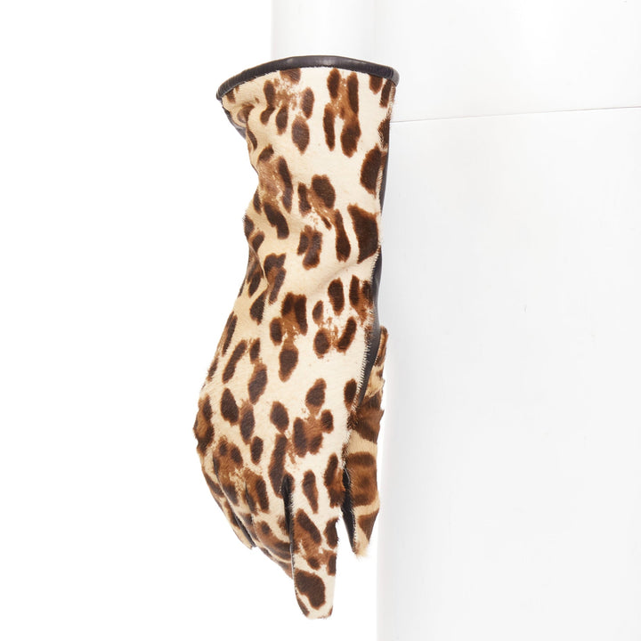 DOLCE GABBANA brown leopard print calf hair lambskin goatskin lined gloves Sz7