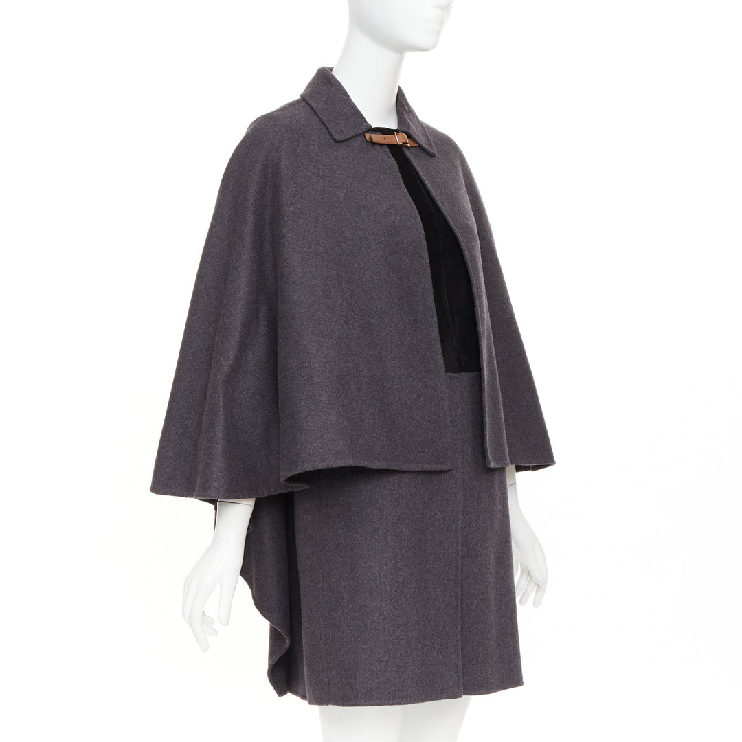 VALENTINO dark grey wool angora brown leather cape sleeve layered coat IT38 XS
