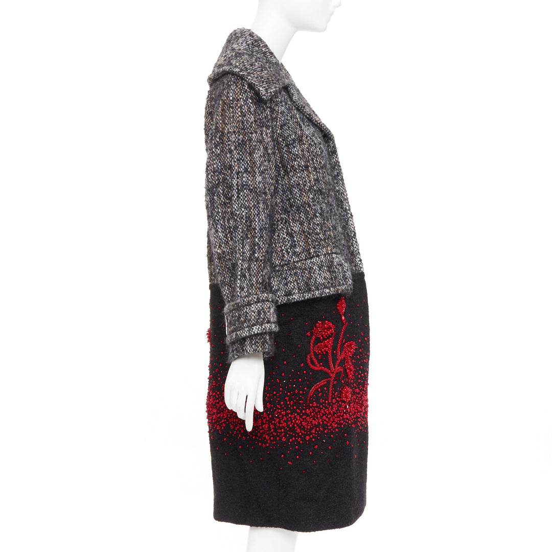 PRADA 2017 speckled wool tweed red bead embellishment hem long coat IT38 XS