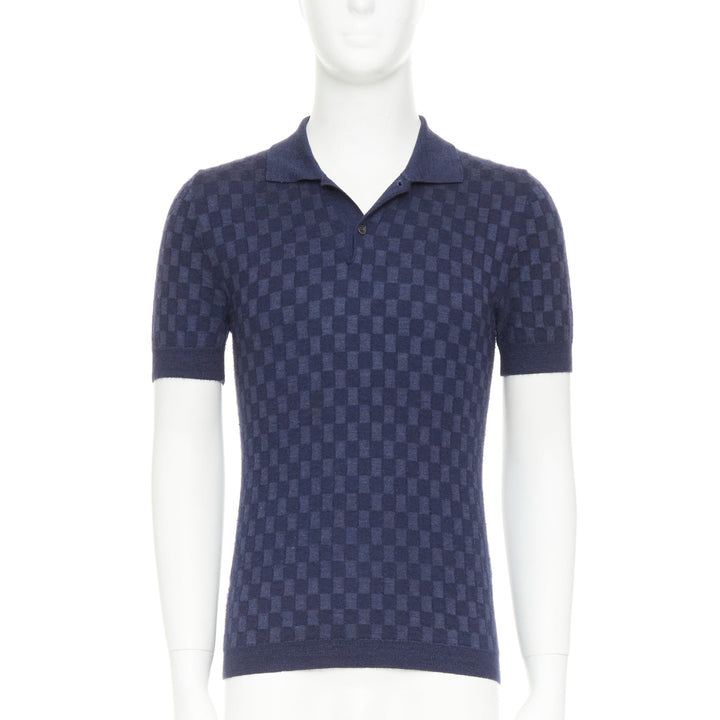 LOUIS VUITTON navy cashmere silk Damier checked knit polo shirt S