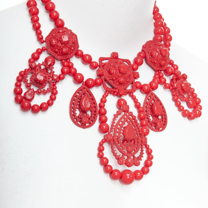 LANVIN H&M red metal chandelier ribbon tie back statement necklace