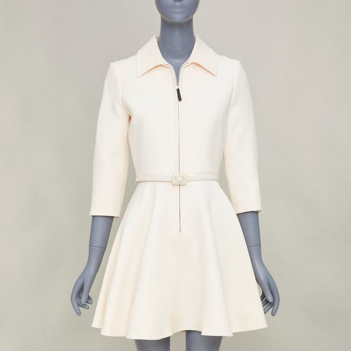 CHRISTIAN DIOR 2019 ivory wool silk zip front belted flared mini dress FR36 S