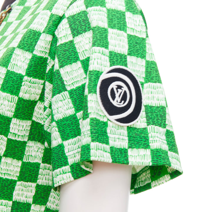 LOUIS VUITTON Damier green white cotton LV print chain detail tshirt XS