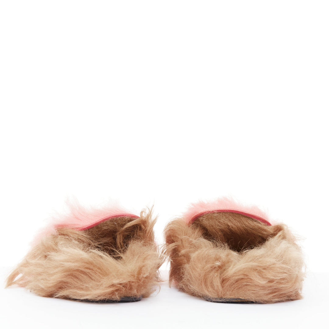 GUCCI Princetown pink brown  fluffy fur gold horsebit slip on loafer mule EU36
