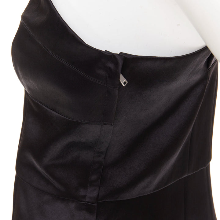 JIL SANDER black shiny satin bow detail V-neck sleeveless midi dress FR38 M