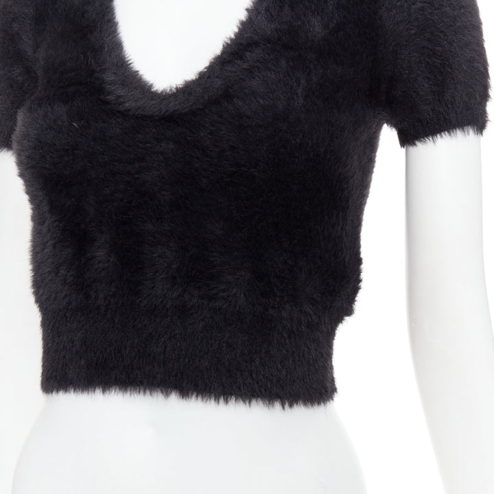 ALEXANDER WANG Crystal Knot black fuzzy V0-neck cropped sweater XS