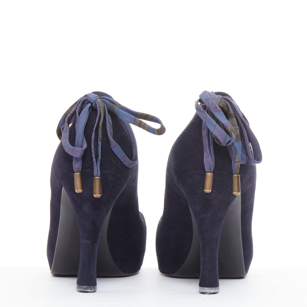 HERMES navy suede leather silk bow tie back spool heeled pumps EU37.5