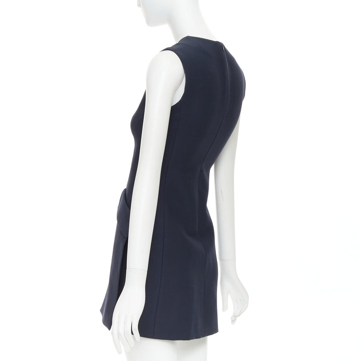 DIOR navy wool silk flap pocket darted slit sided sleeveless Aline dress FR34 XS