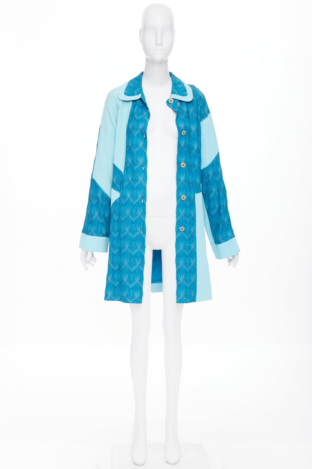 MISSONI Vintage blue patchwork knit pointelle boucle lace wool coat IT42 M