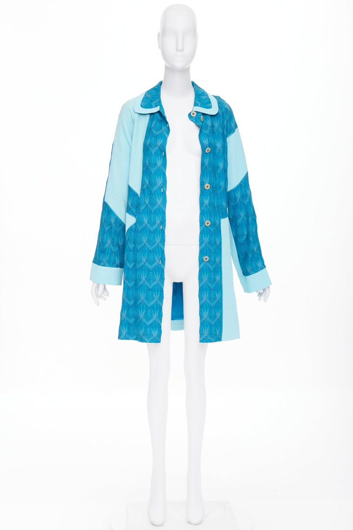 MISSONI Vintage blue patchwork knit pointelle boucle lace wool coat IT42 M
