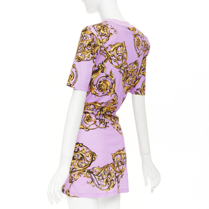VERSACE JEANS COUTURE 2022 lilac gold baroque padded shoulder wrap dress IT36