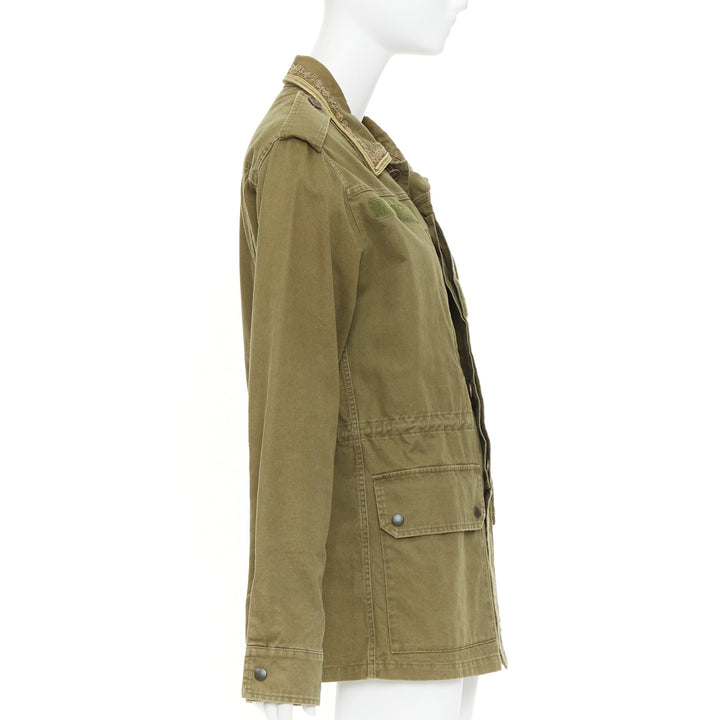 SAINT LAURENT 2018 Saharienne green gold embroidered trim military jacket FR44 L