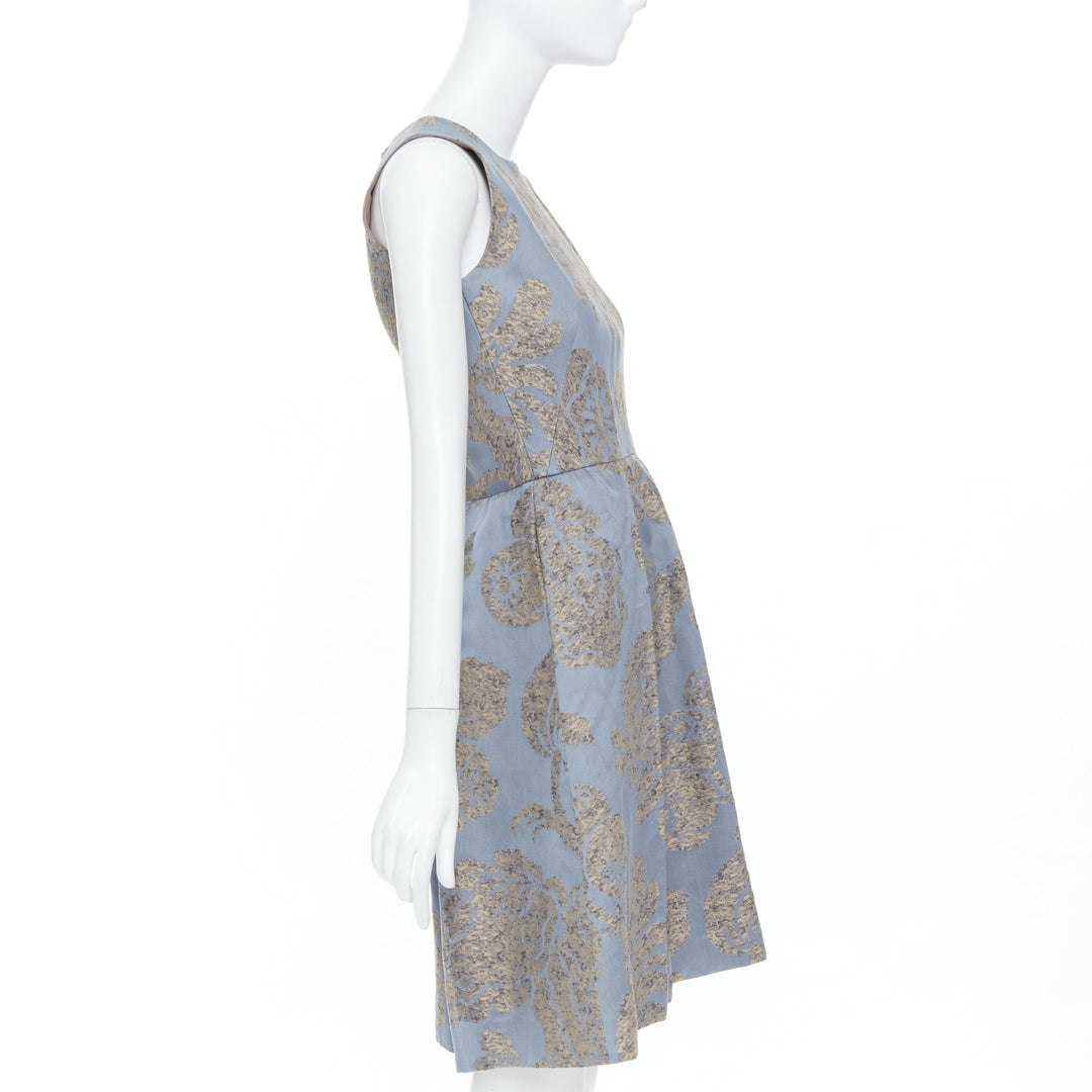 OSCAR DE LA RENTA F07 grey gold floral cotton flax jacquard dress US2 S