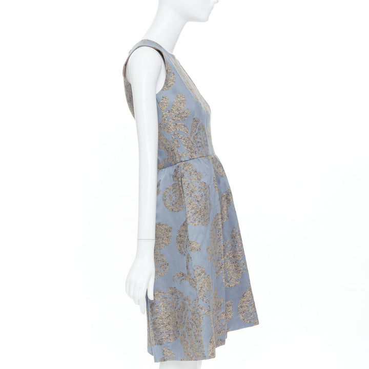 OSCAR DE LA RENTA F07 grey gold floral cotton flax jacquard dress US2 S