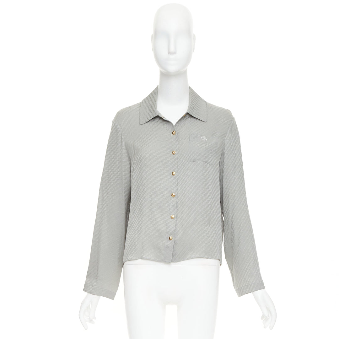 CELINE silk Triomphe Chain Jacquard embroidered logo crop blouse shirt FR36 S