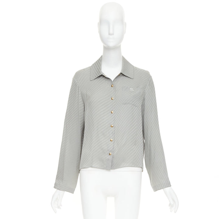 CELINE silk Triomphe Chain Jacquard embroidered logo crop blouse shirt FR36 S