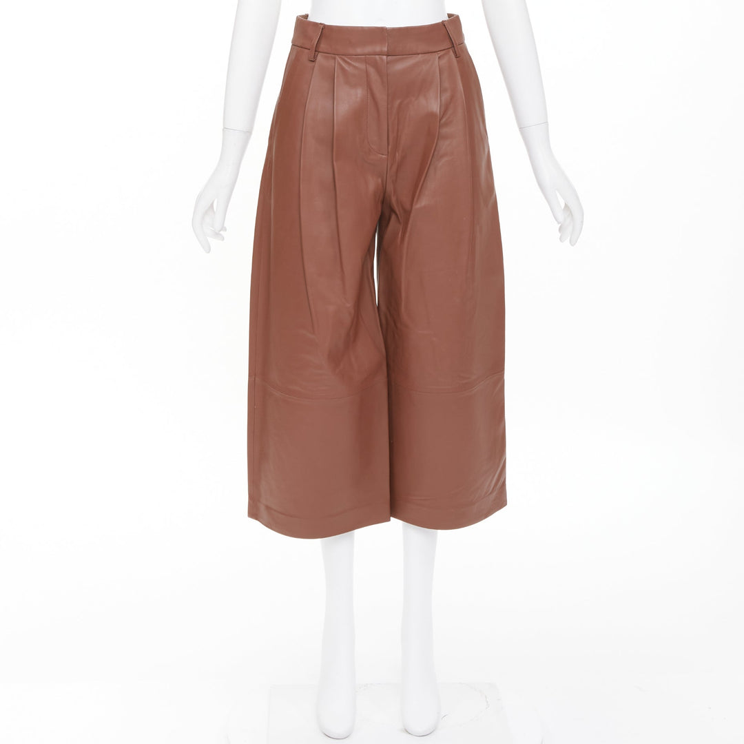 TIBI reddish brown lambskin leather pleated high waisted cropped pants US00 XXS