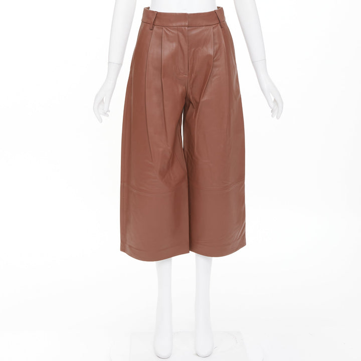 TIBI reddish brown lambskin leather pleated high waisted cropped pants US00 XXS