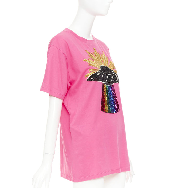 GUCCI 2017 pink cotton multicolor sequin UFO rainbow graphic t-shirt XS