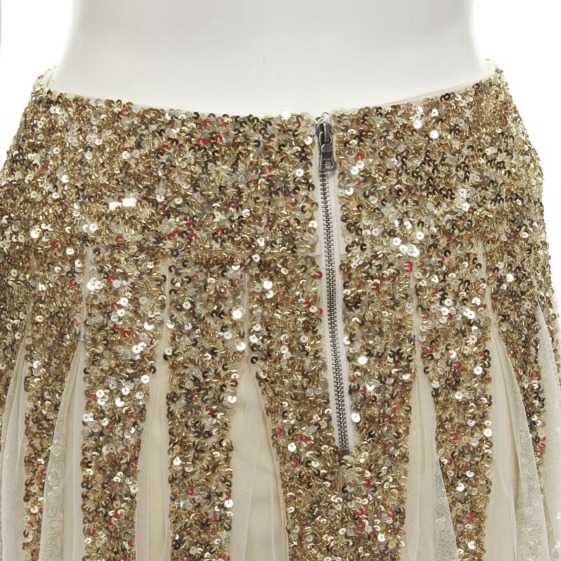 ALICE OLIVIA gold bling sequins sheer nude panel midi skirt US0 XS