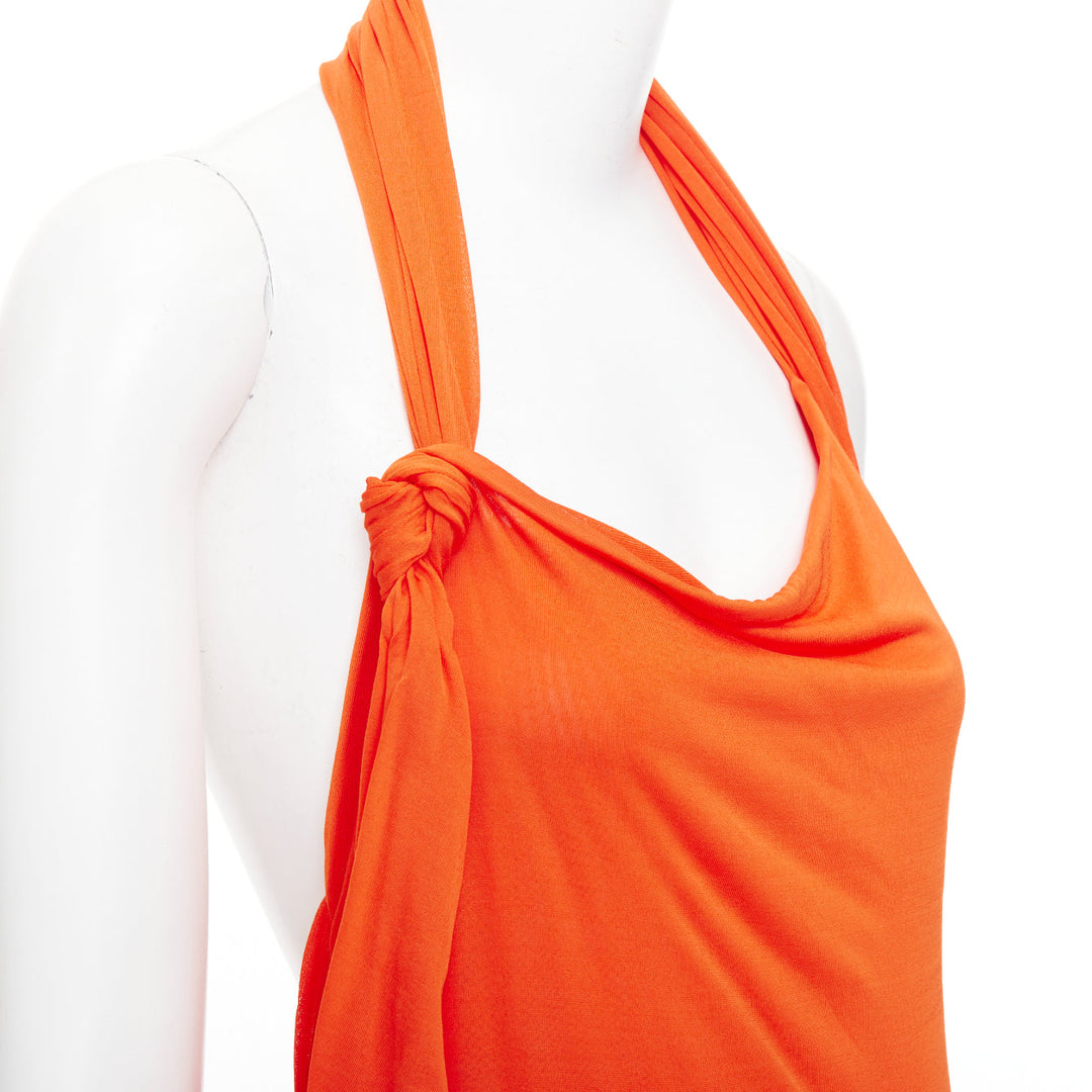 SAINT LAURENT 2023 orange asymmetric knot halter draped backless gown FR38 M