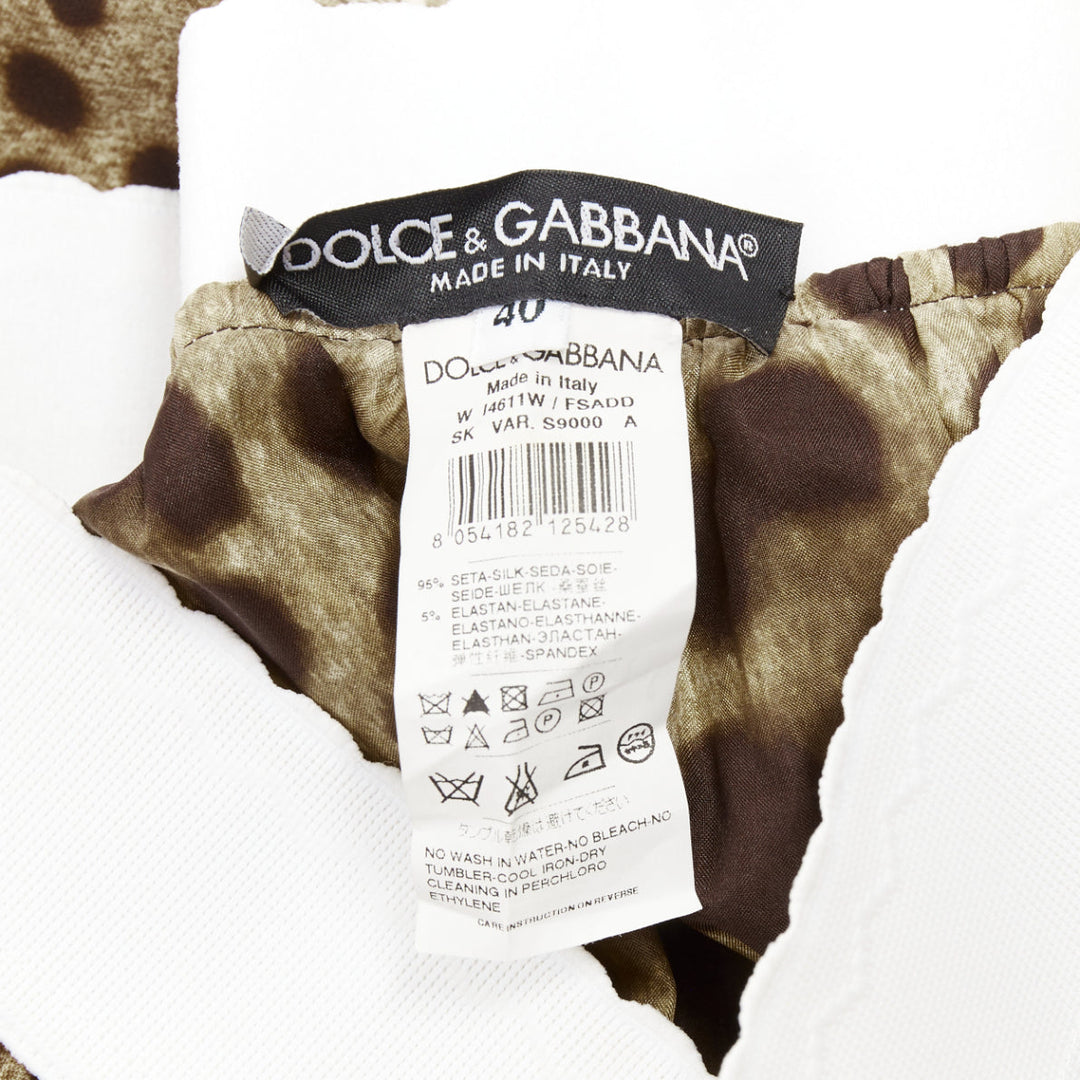 DOLCE GABBANA brown silk leopard print cream anglais embroidery skirt IT40 S
