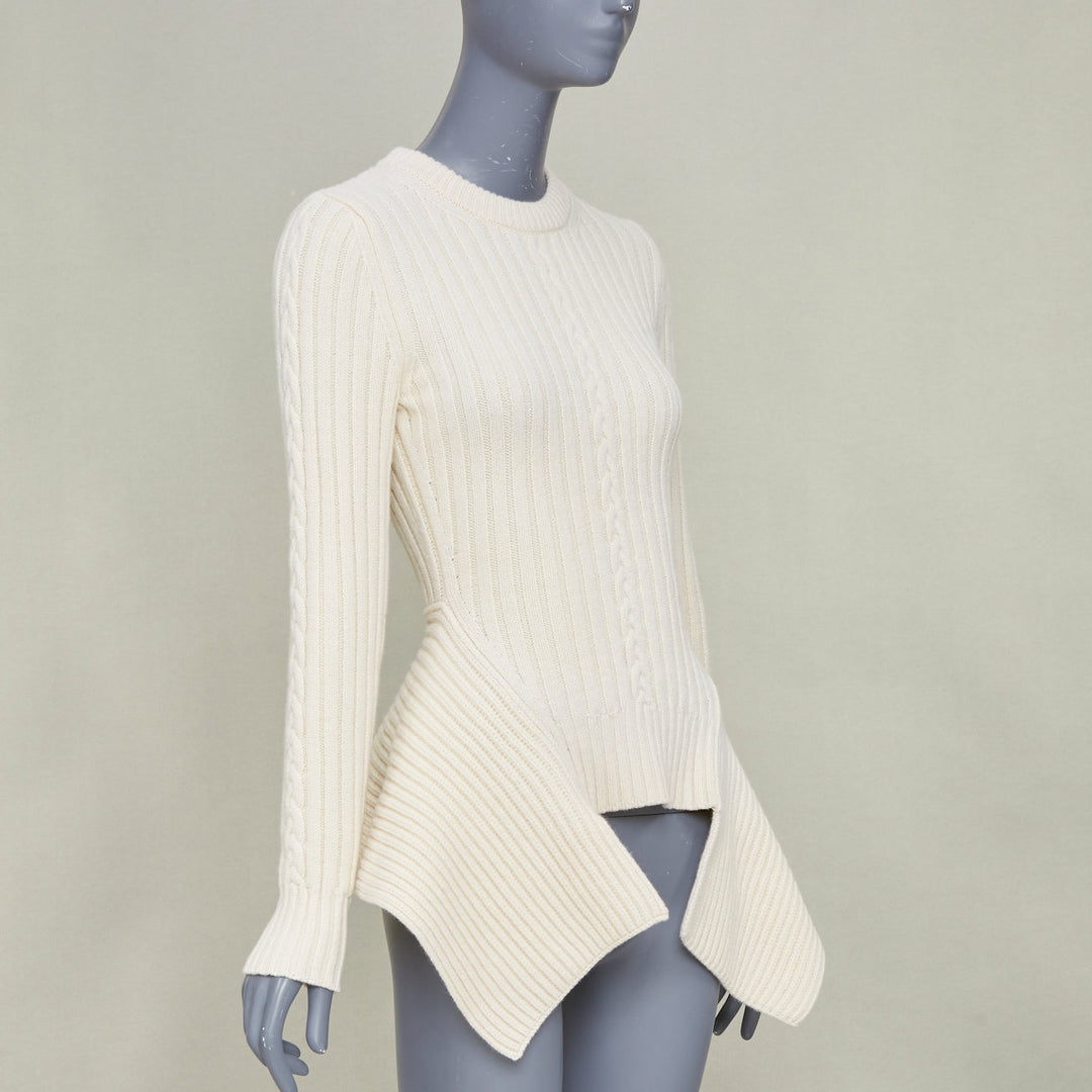 ALEXANDER MCQUEEN 2021 beige wool cashmere asymmetric drape peplum sweater S