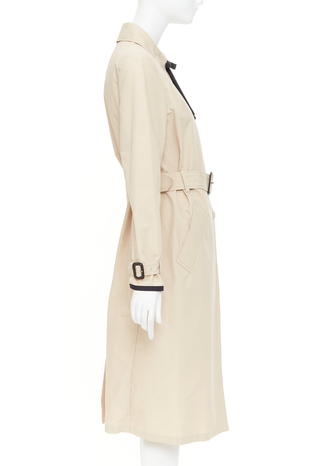 PRADA 2019 beige cotton black bow tie logo tape belted trench coat IT42 M