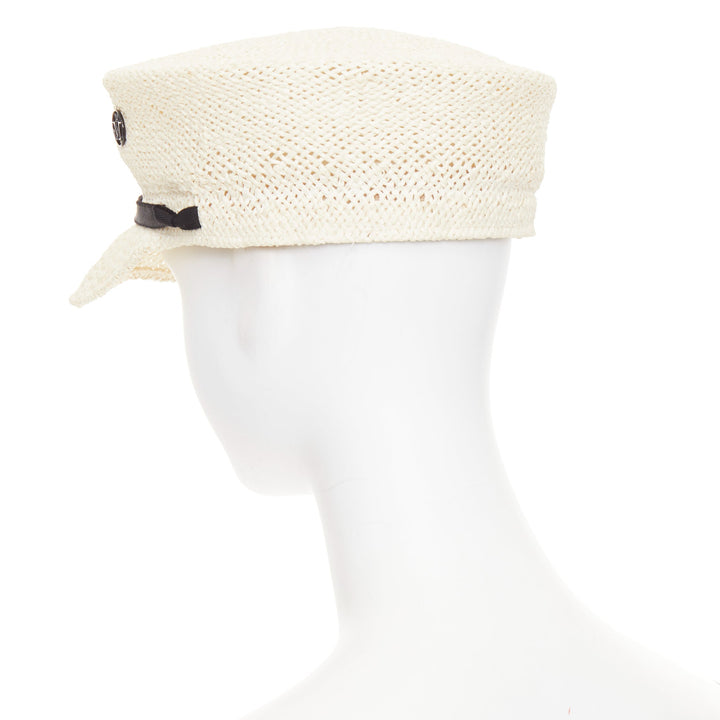 MAISON MICHEL Abbey Sailor light beige raffia MM logo black ribbon cap M