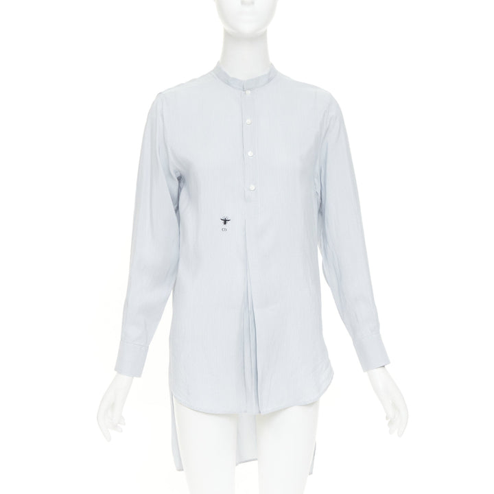 DIOR 100% silk light blue black striped bee embroidery high low shirt FR36 S