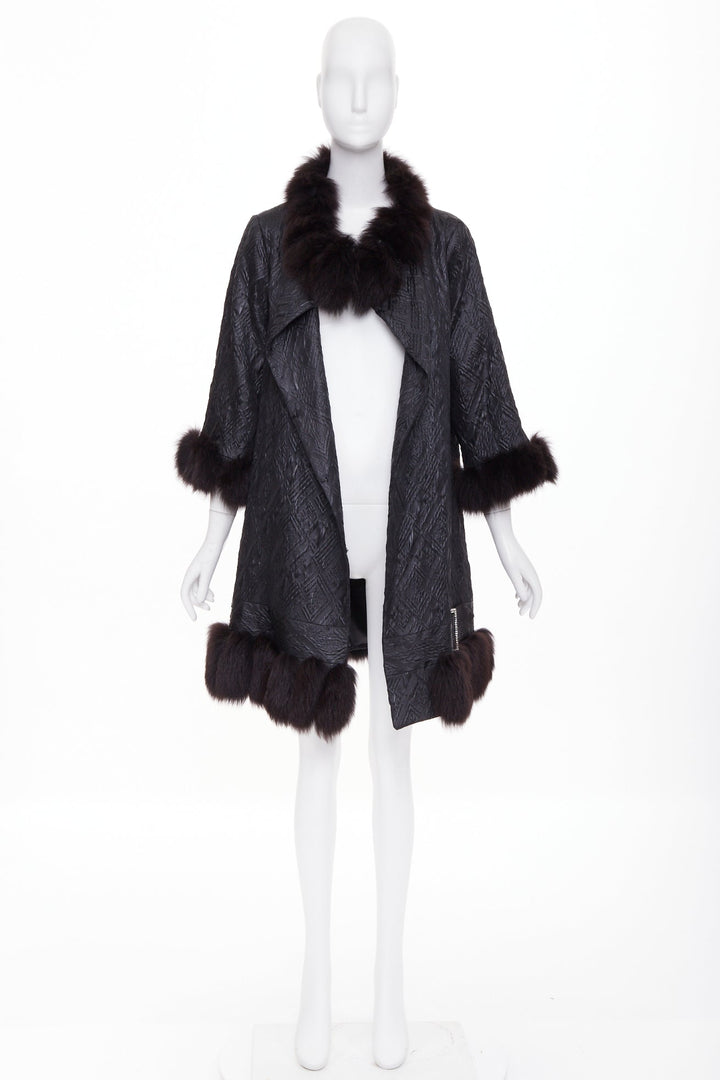 ADAM JONES 2004 black textured brocade real fur trim crystal buckle coat FR38 M