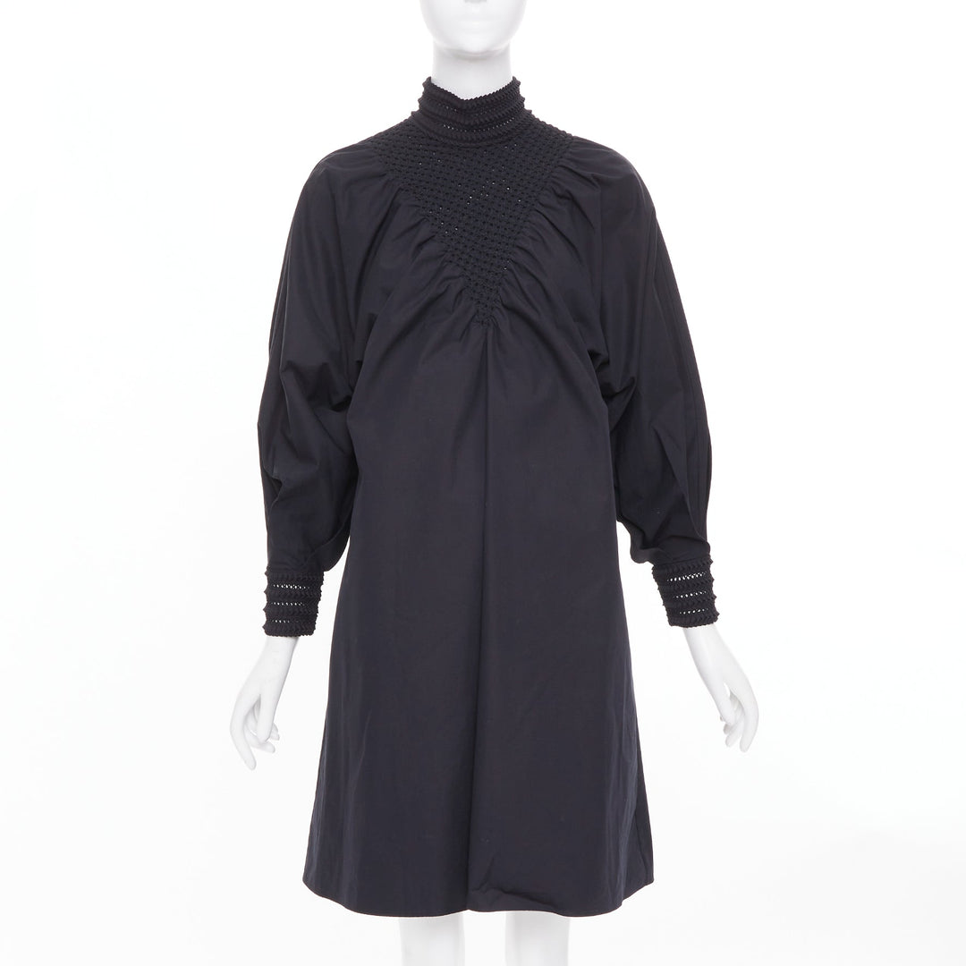FENDI 2019 Tribute black smocked embroidered eyelet balloon sleeve dress IT38 S