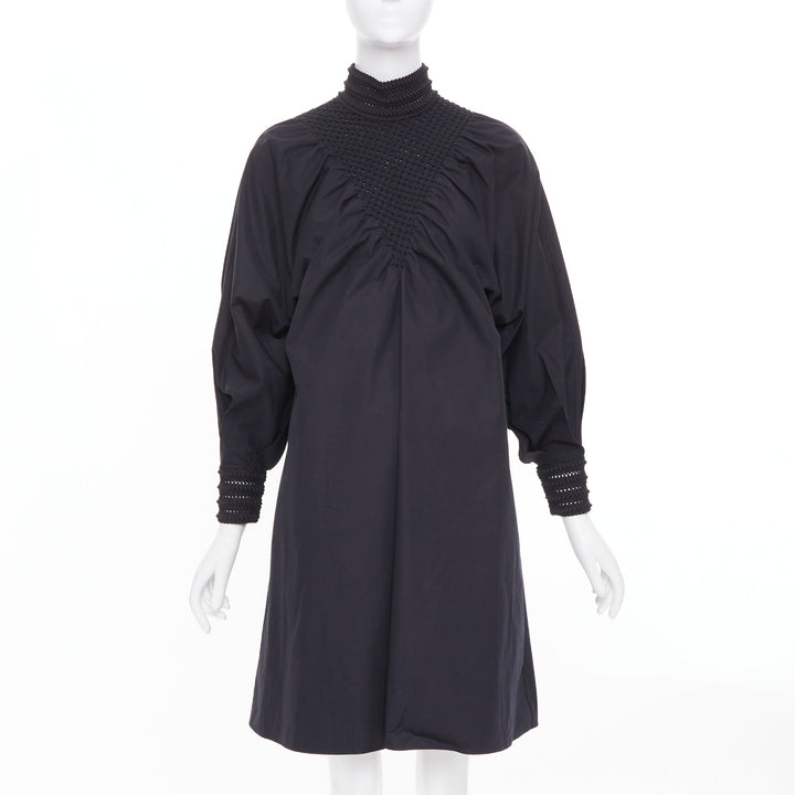 FENDI 2019 Tribute black smocked embroidered eyelet balloon sleeve dress IT38 S