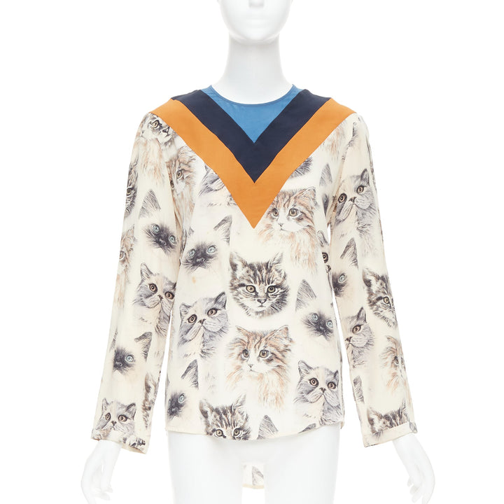 STELLA MCCARTNEY 2016 100% silk  beige orange cat print blouse IT38 XS