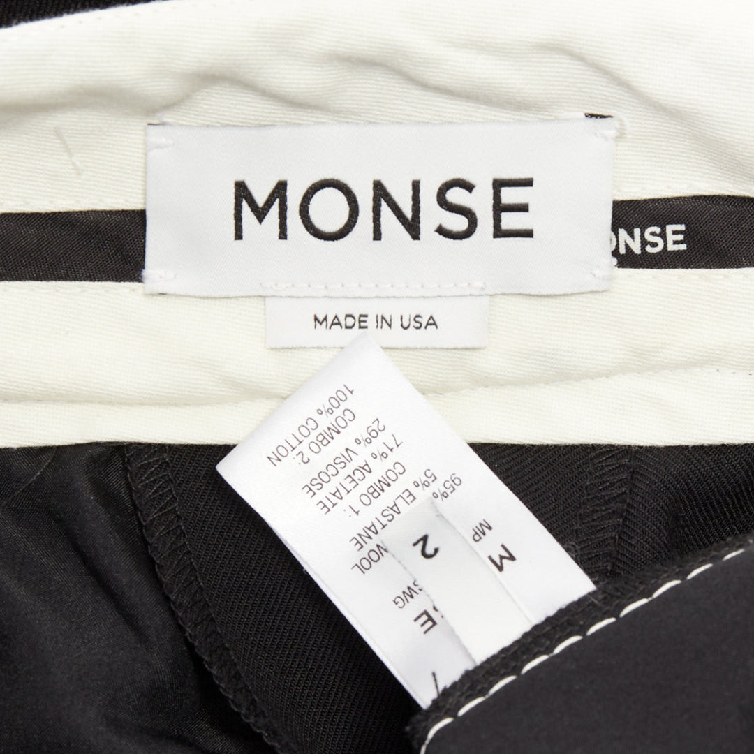 MONSE black virgin wool cream cotton twill logo trim wide leg pants US2 S