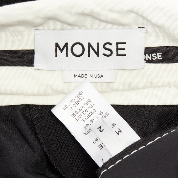 MONSE black virgin wool cream cotton twill logo trim wide leg pants US2 S