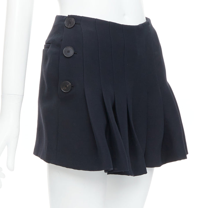 CHRISTIAN DIOR black wool silk nautical pleated front skirt FR34 XXS