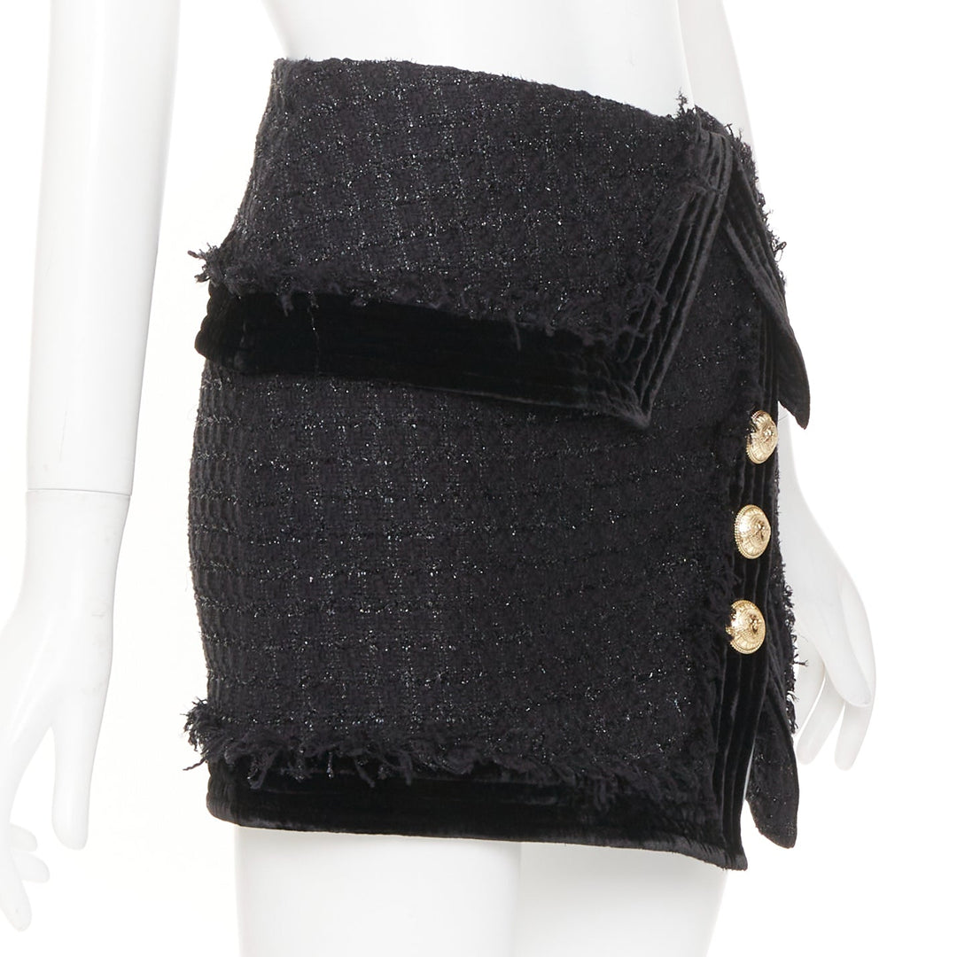BALMAIN black cotton blend metallic tweed gold buttons foldover skirt FR34 XS