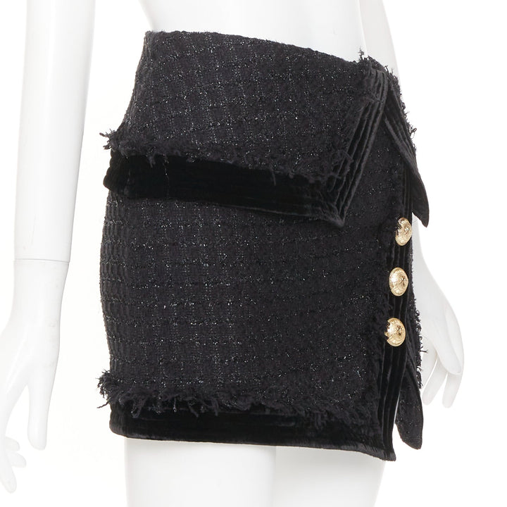 BALMAIN black cotton blend metallic tweed gold buttons foldover skirt FR34 XS