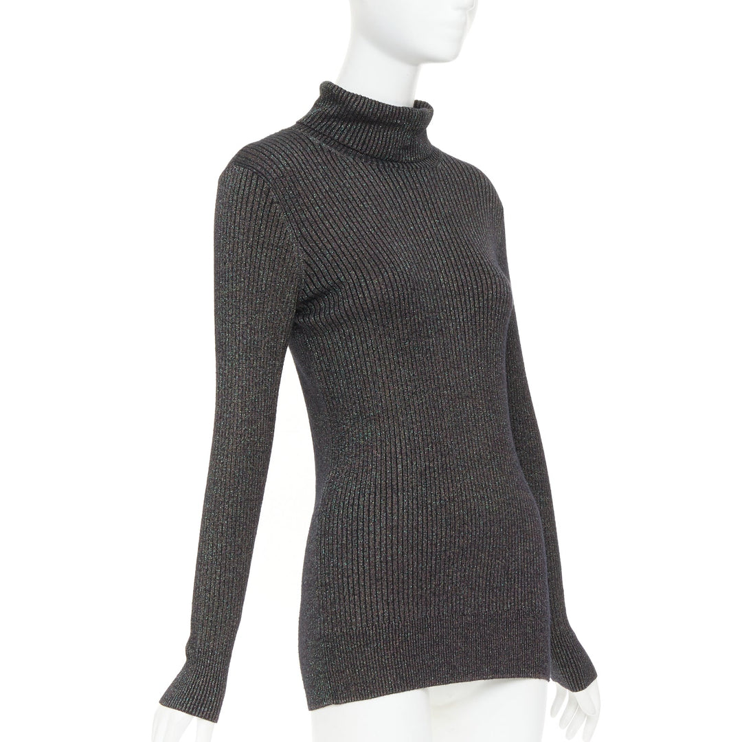 DRIES VAN NOTEN metallic green lurex viscose blend ribbed turtleneck sweater M