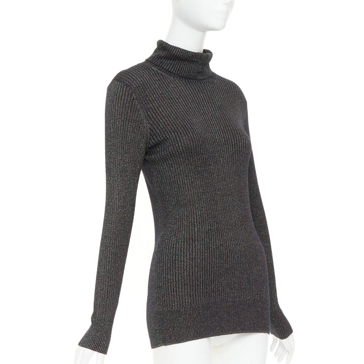 DRIES VAN NOTEN metallic green lurex viscose blend ribbed turtleneck sweater M