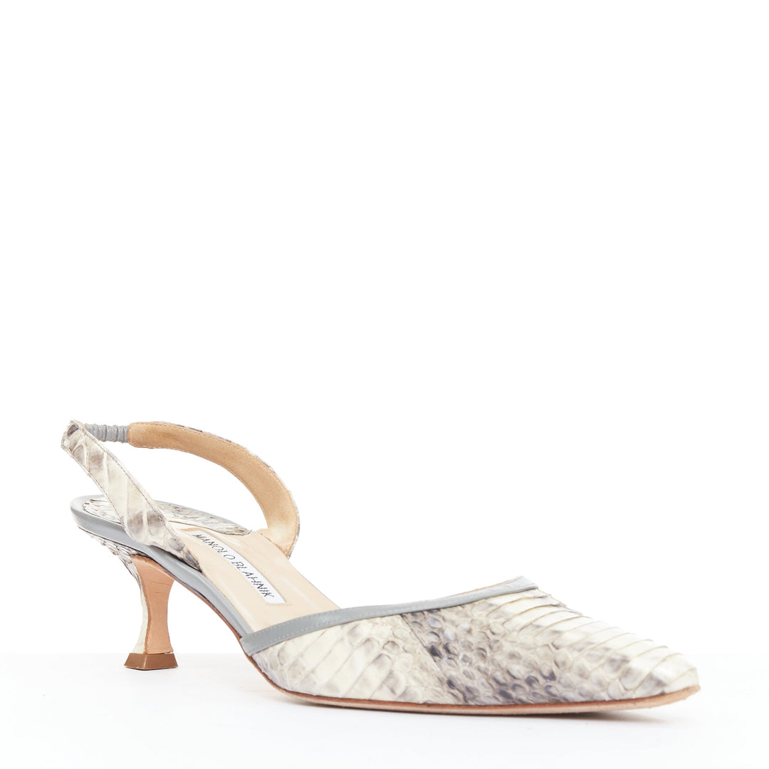 MANOLO BLAHNIK Carolyne beige snake leather slingback kitten dorsay heels EU39