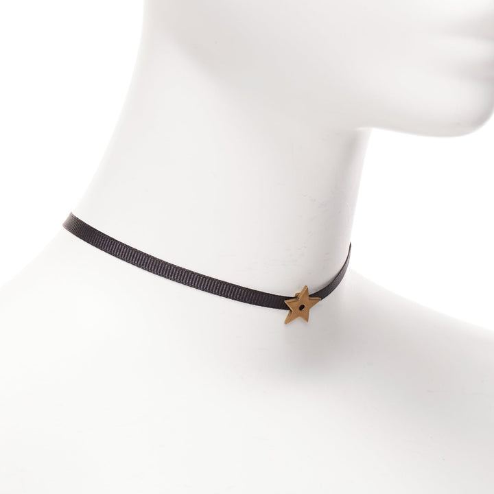 DIOR antique gold star CD charm black fabric short choker