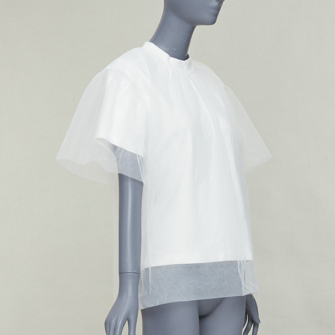 SHUSHU TONG Tulle white cream mesh overlay crew neck short sleeve tshirt UK6 XS