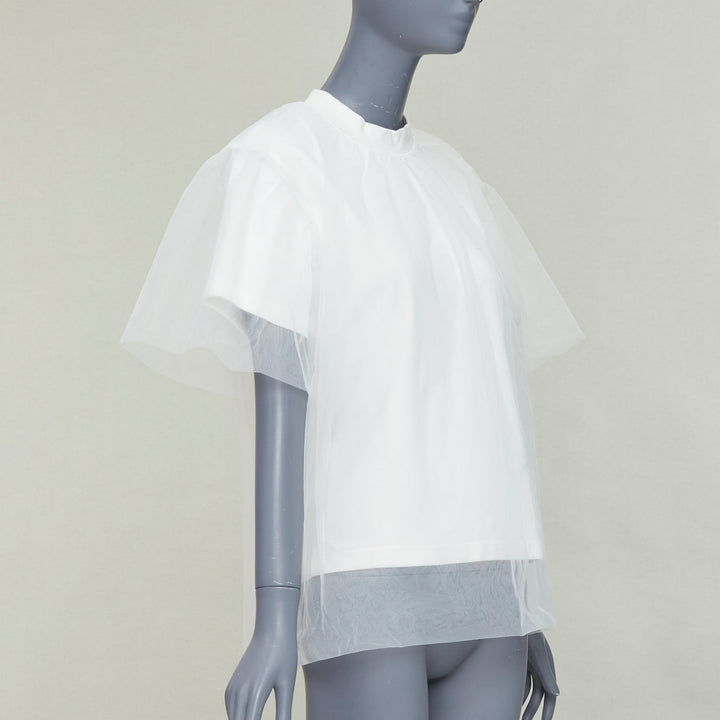 SHUSHU TONG Tulle white cream mesh overlay crew neck short sleeve tshirt UK6 XS