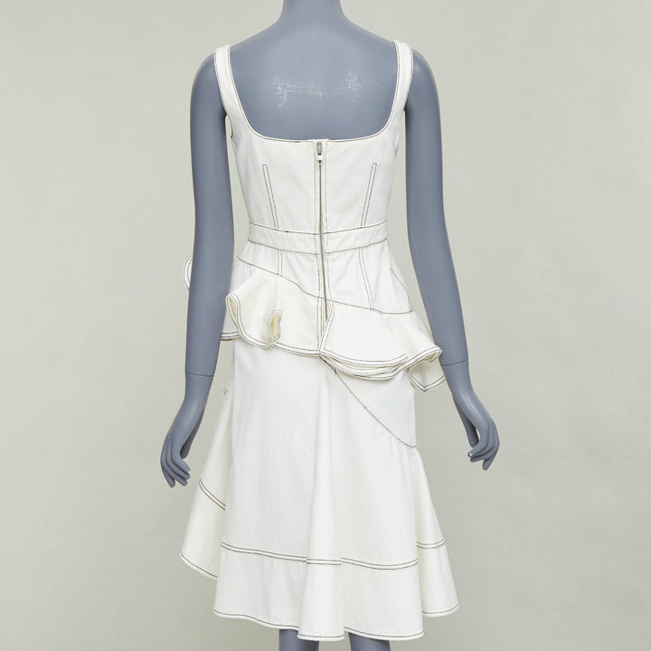 ALEXANDER MCQUEEN 2019 cream denim black topstitch ruffle peplum dress IT40 M