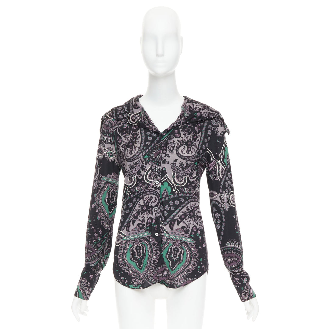 BURBERRY 100% silk black purple green grey paisley print dress shirt M