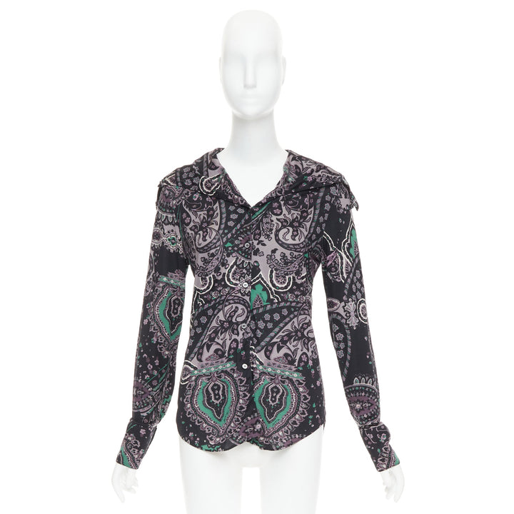 BURBERRY 100% silk black purple green grey paisley print dress shirt M